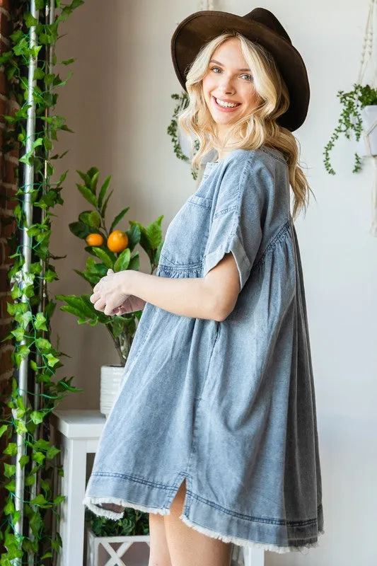 Med Oversize Pleated Denim Short Dress