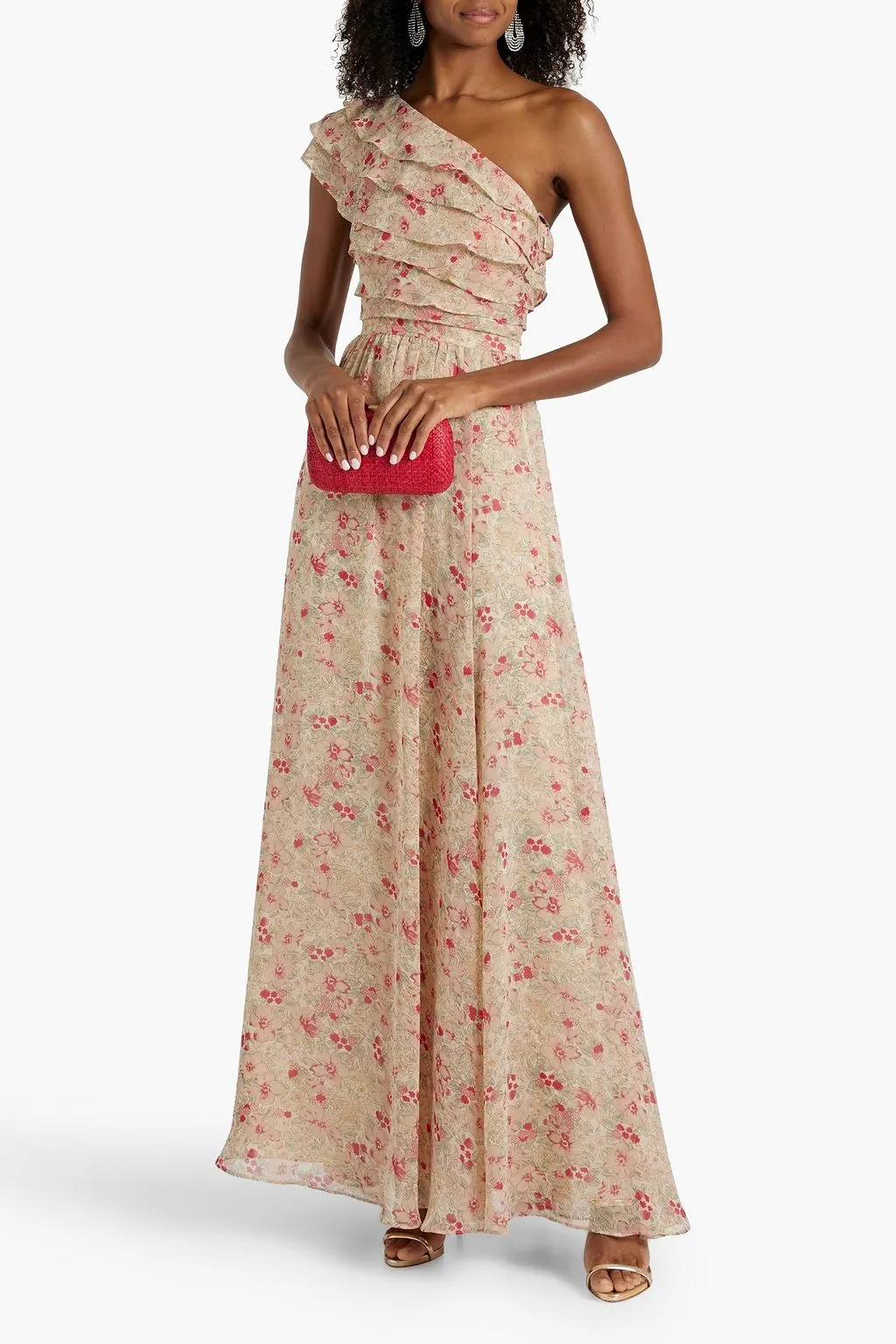 MIKAEL AGHAL One Shoulder Ruffle Floral Chiffon Maxi Dress beige