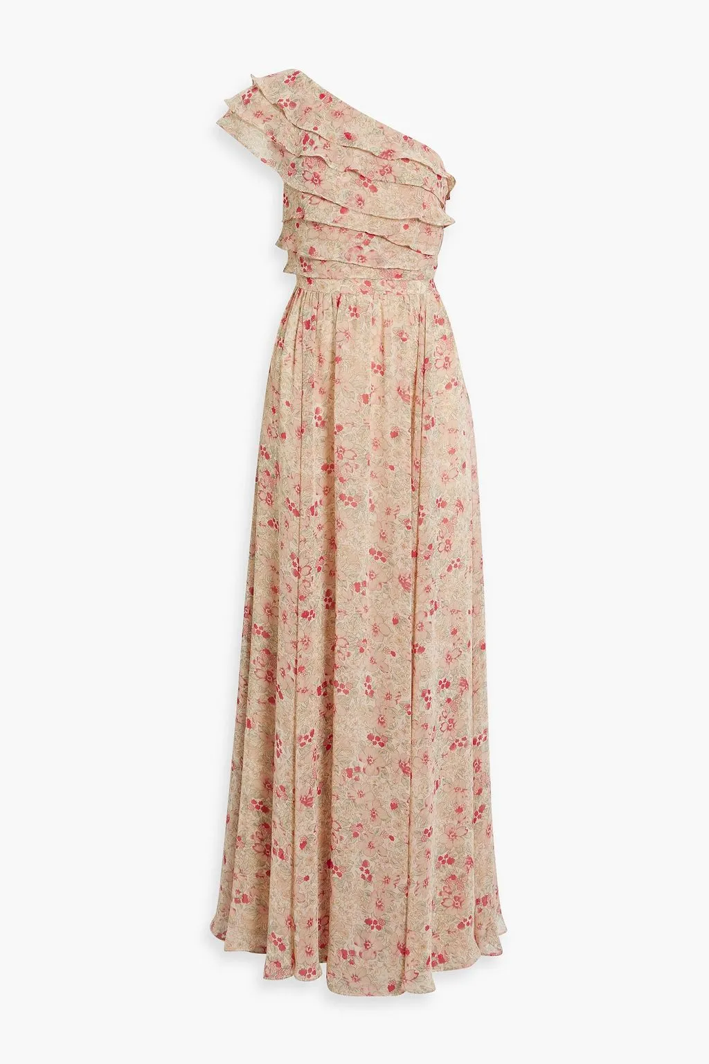 MIKAEL AGHAL One Shoulder Ruffle Floral Chiffon Maxi Dress beige