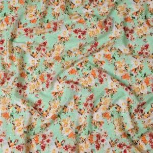 Mint Green Indian Viscose Crepe Fabric with Foil, Orange & Red Floral Print, 110 cm Width-D20923