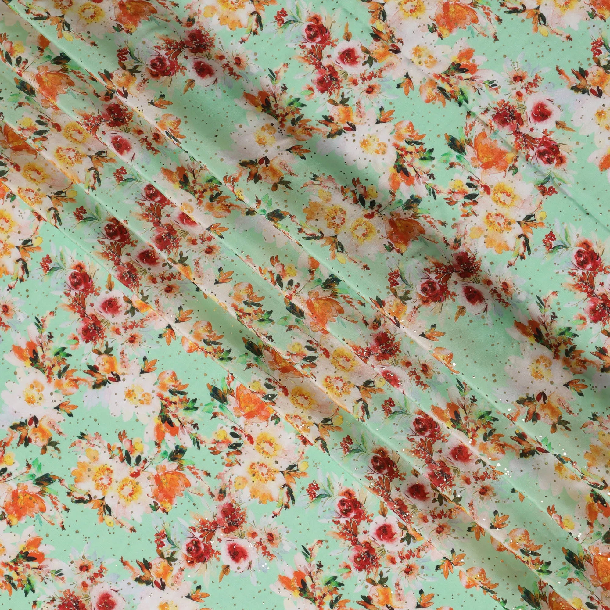 Mint Green Indian Viscose Crepe Fabric with Foil, Orange & Red Floral Print, 110 cm Width-D20923