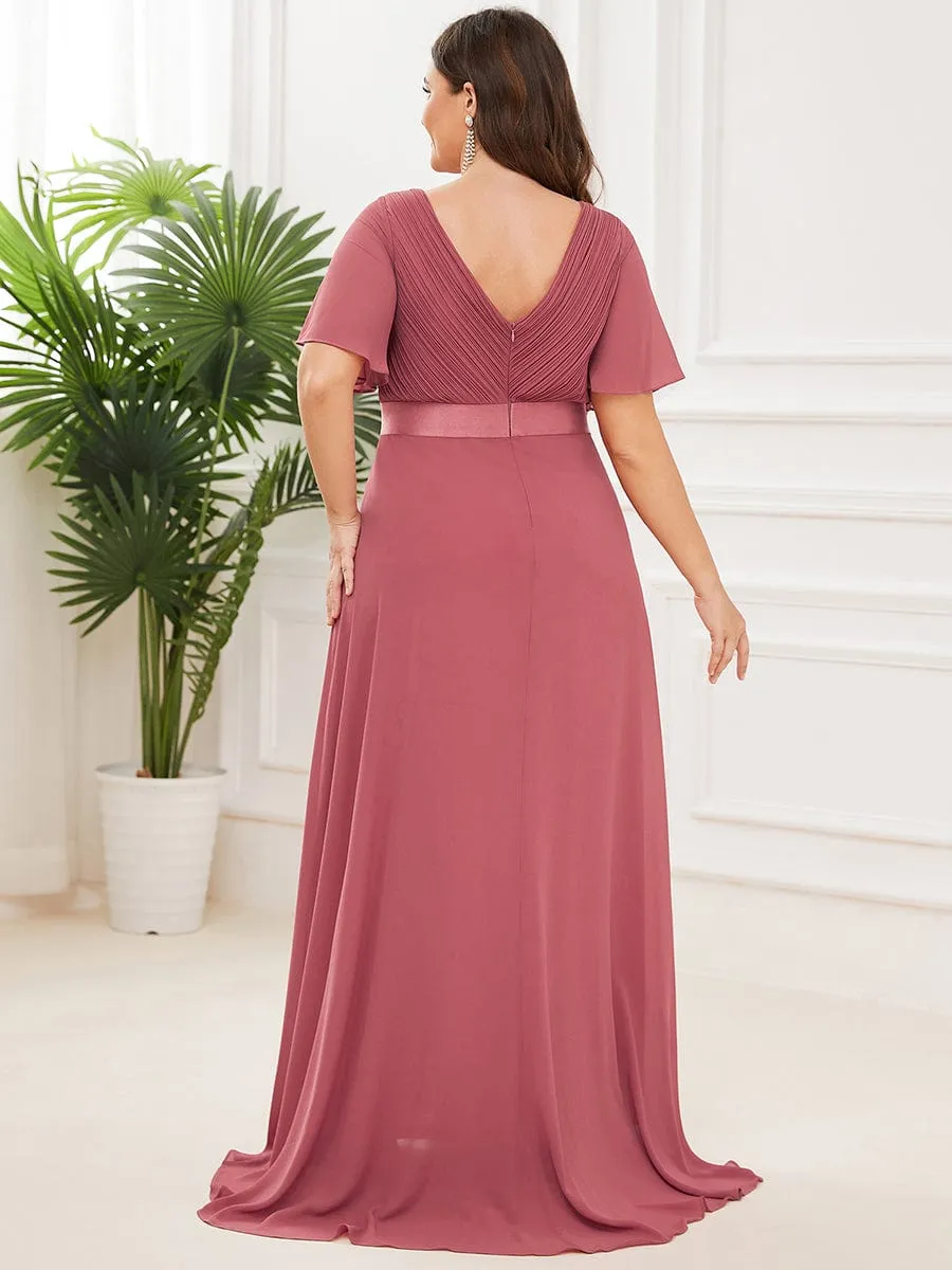 Monica | Long Chiffon Empire Waist Bridesmaid Dress with Short Flutter Sleeves