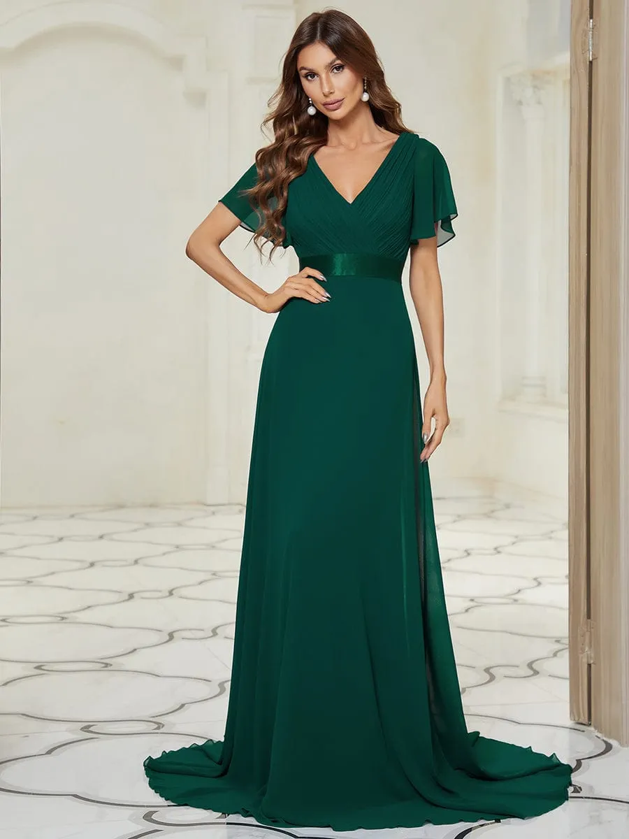 Monica | Long Chiffon Empire Waist Bridesmaid Dress with Short Flutter Sleeves