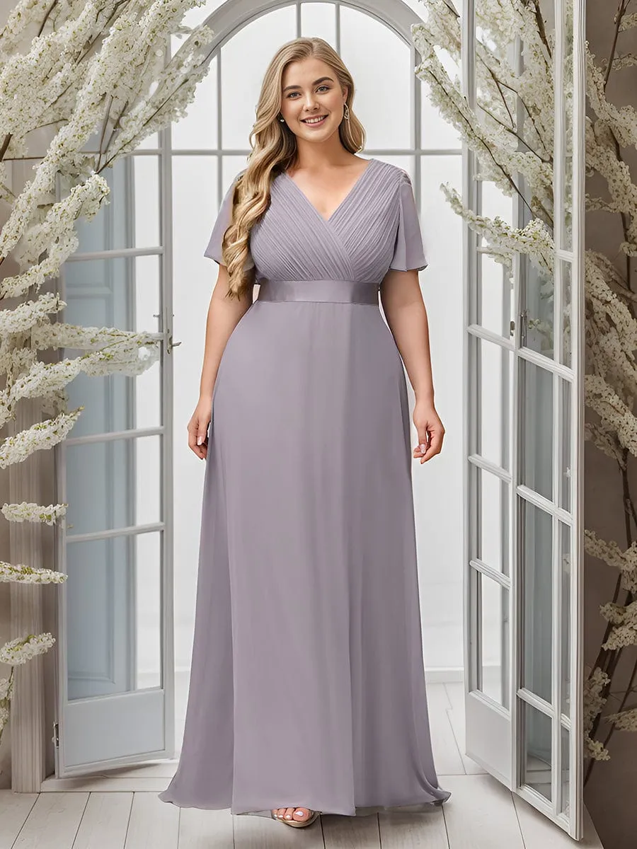 Monica | Long Chiffon Empire Waist Bridesmaid Dress with Short Flutter Sleeves