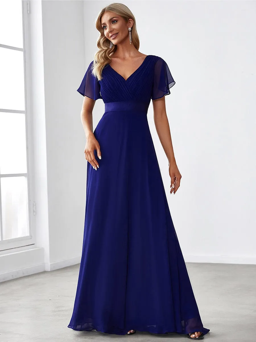 Monica | Long Chiffon Empire Waist Bridesmaid Dress with Short Flutter Sleeves