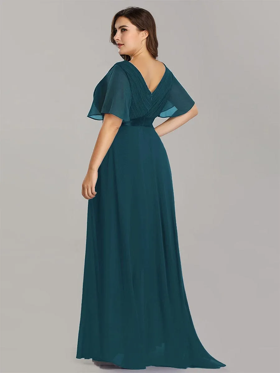 Monica | Long Chiffon Empire Waist Bridesmaid Dress with Short Flutter Sleeves