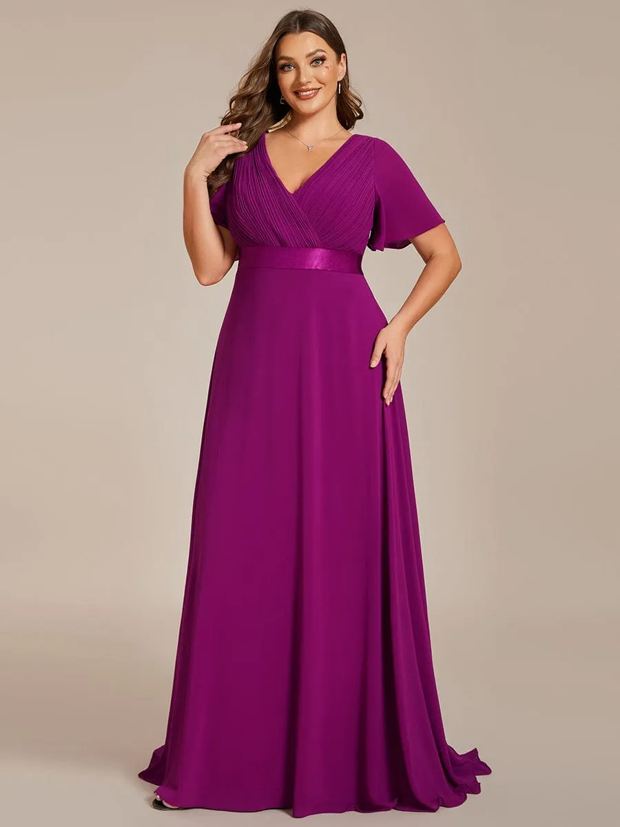 Monica | Long Chiffon Empire Waist Bridesmaid Dress with Short Flutter Sleeves