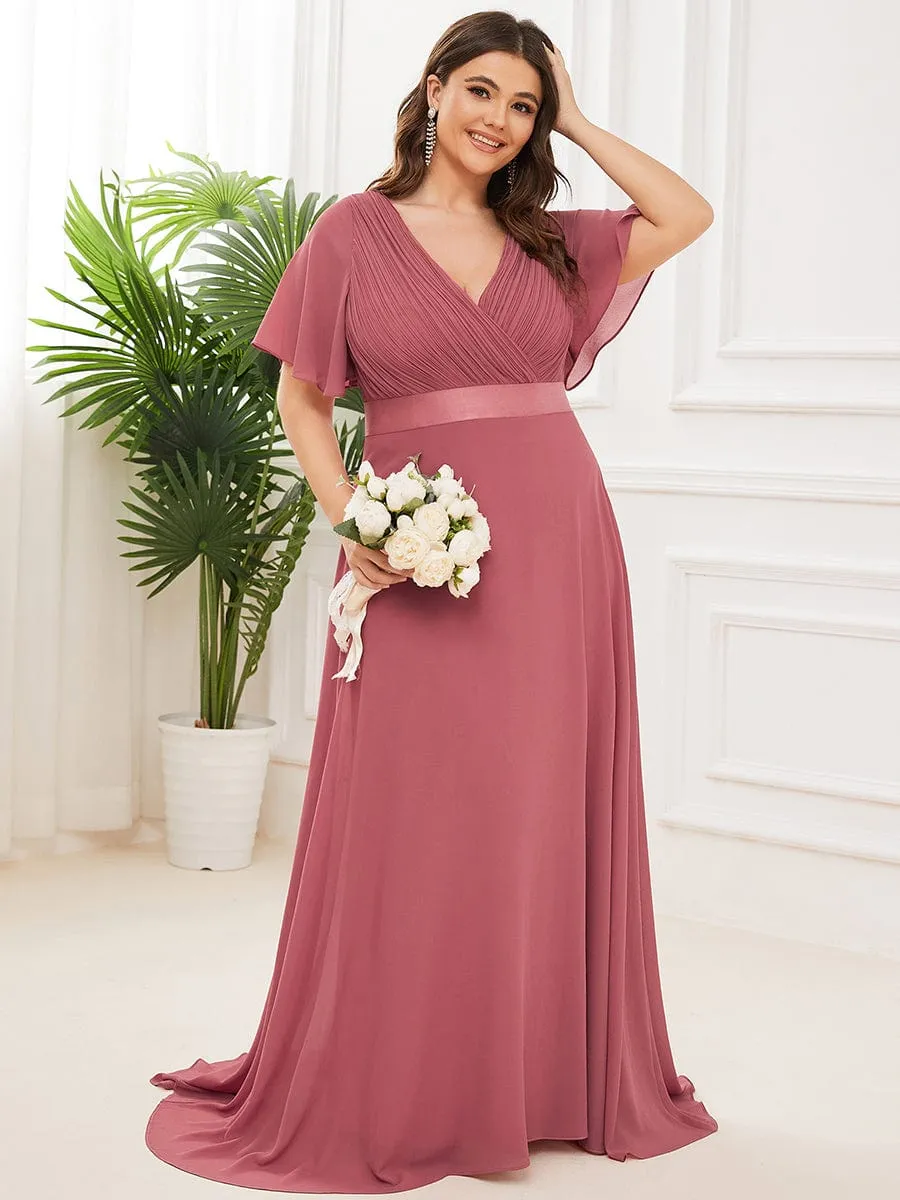 Monica | Long Chiffon Empire Waist Bridesmaid Dress with Short Flutter Sleeves