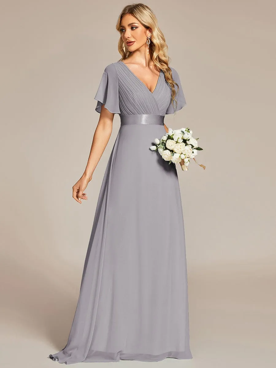 Monica | Long Chiffon Empire Waist Bridesmaid Dress with Short Flutter Sleeves