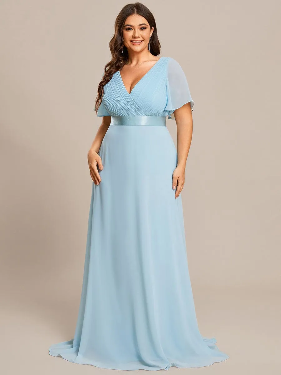 Monica | Long Chiffon Empire Waist Bridesmaid Dress with Short Flutter Sleeves