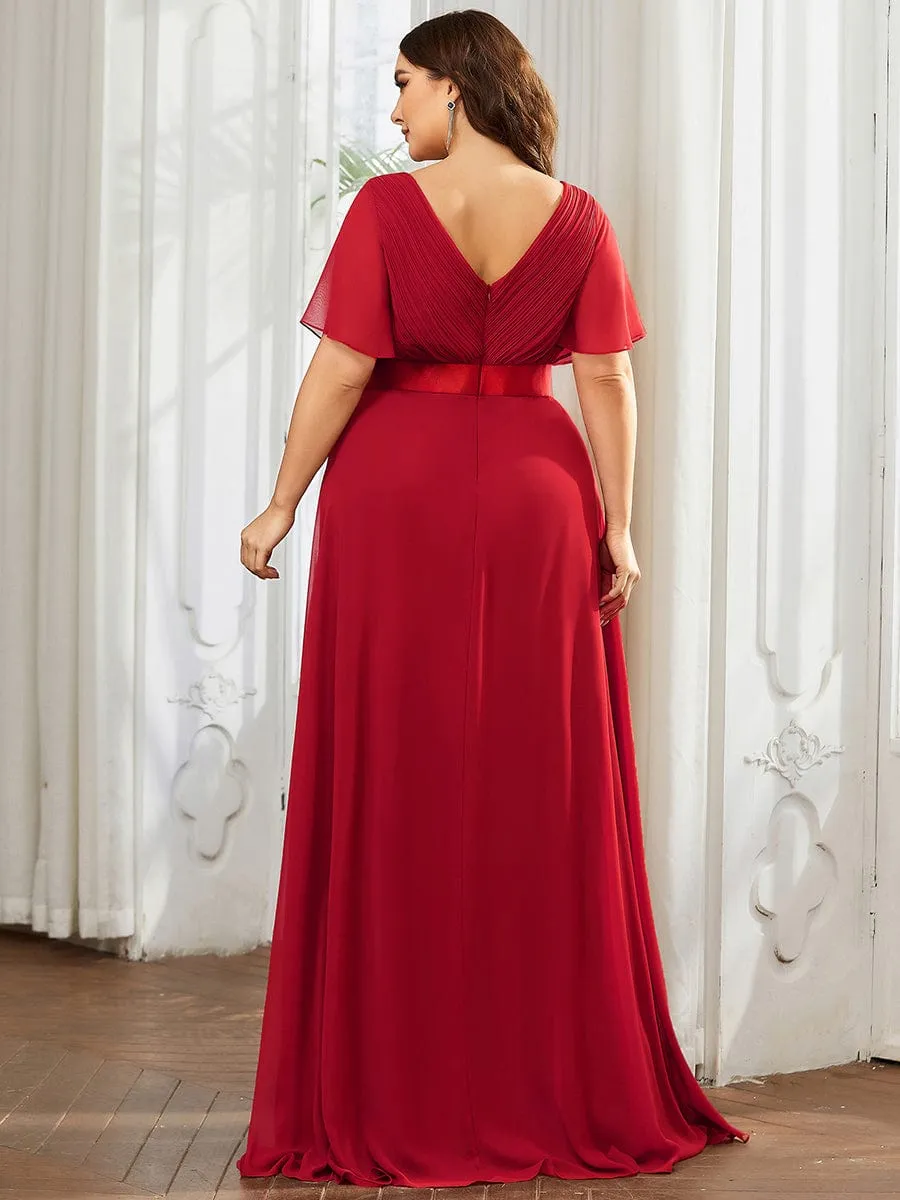 Monica | Long Chiffon Empire Waist Bridesmaid Dress with Short Flutter Sleeves