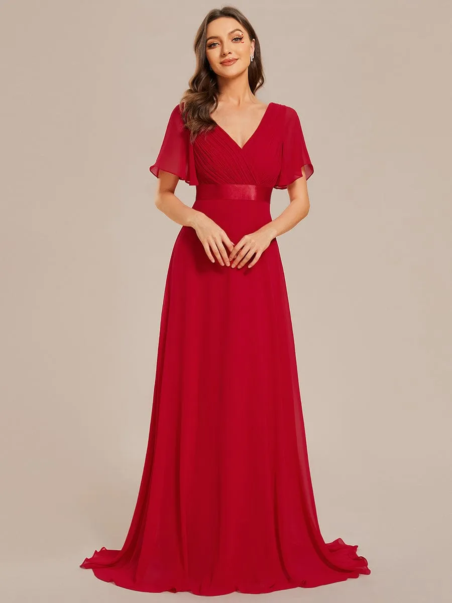 Monica | Long Chiffon Empire Waist Bridesmaid Dress with Short Flutter Sleeves