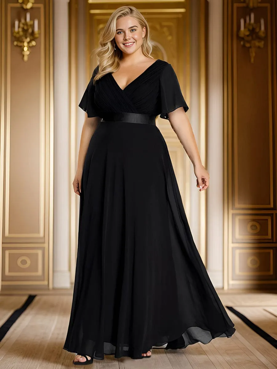 Monica | Long Chiffon Empire Waist Bridesmaid Dress with Short Flutter Sleeves