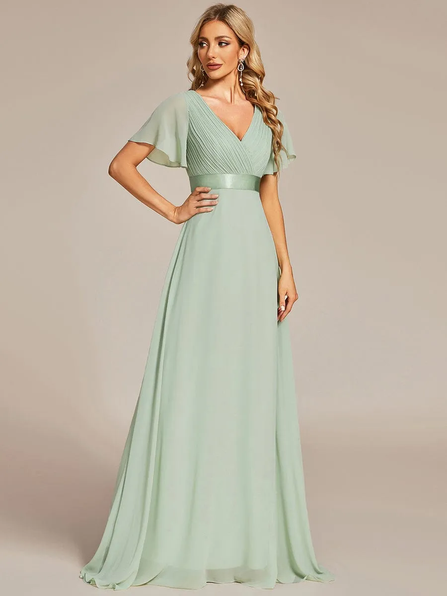 Monica | Long Chiffon Empire Waist Bridesmaid Dress with Short Flutter Sleeves