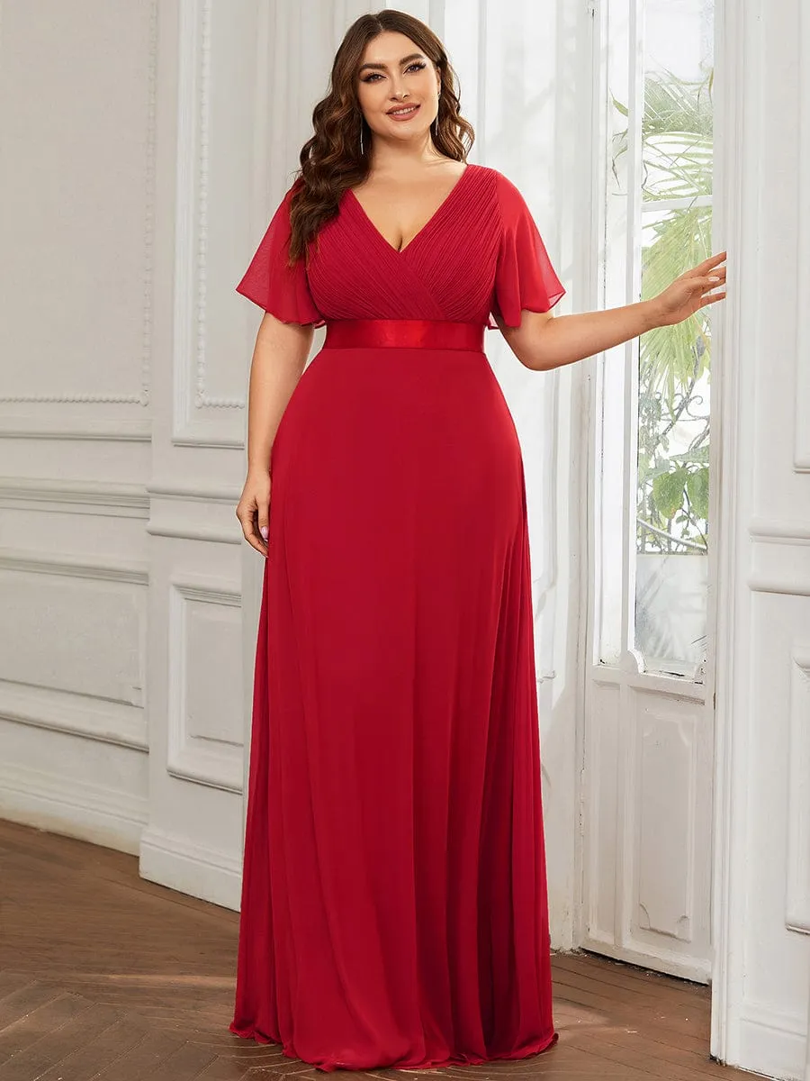 Monica | Long Chiffon Empire Waist Bridesmaid Dress with Short Flutter Sleeves