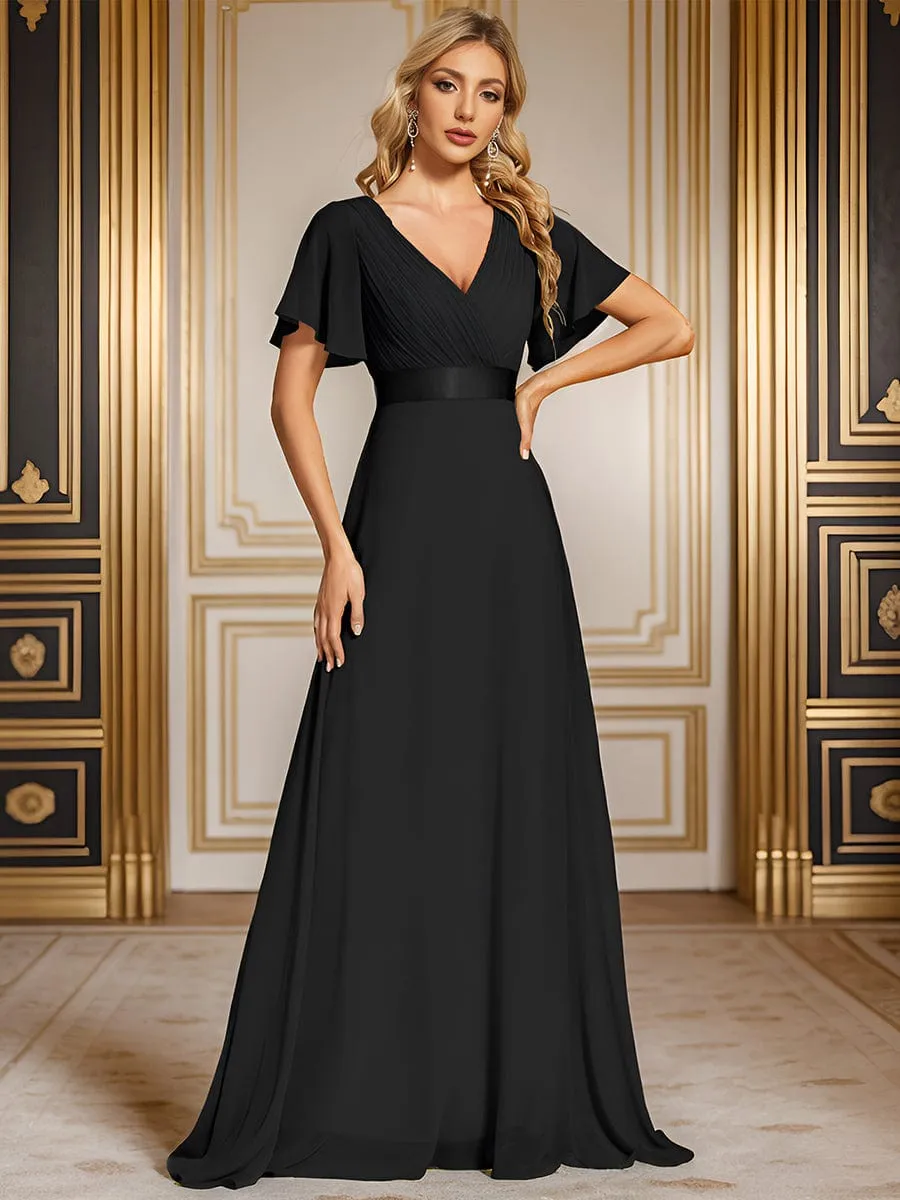 Monica | Long Chiffon Empire Waist Bridesmaid Dress with Short Flutter Sleeves