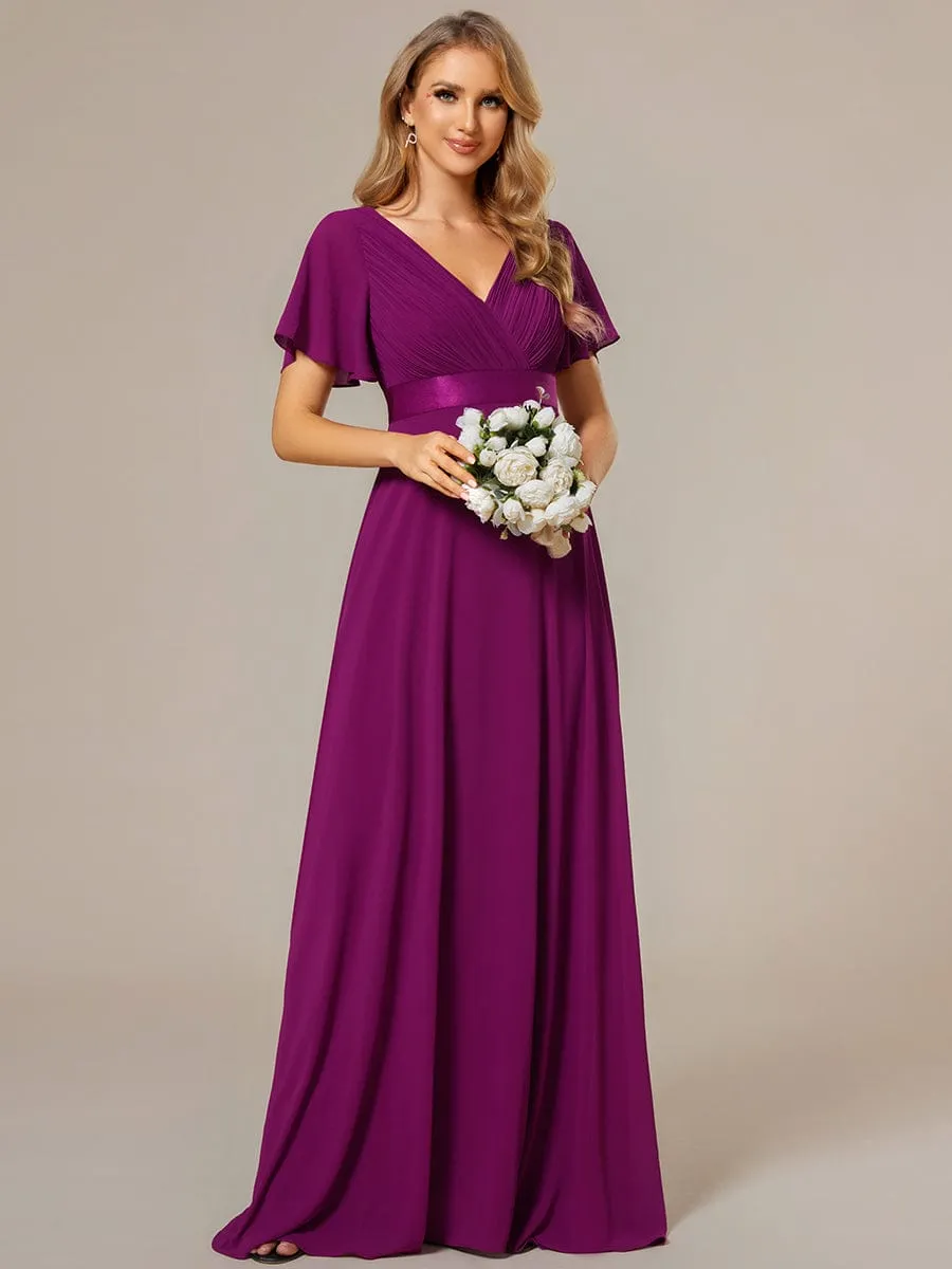 Monica | Long Chiffon Empire Waist Bridesmaid Dress with Short Flutter Sleeves