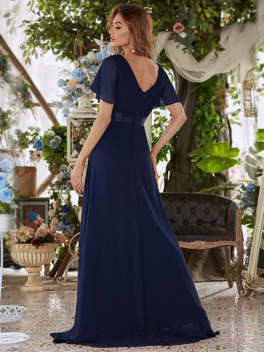 Monica | Long Chiffon Empire Waist Bridesmaid Dress with Short Flutter Sleeves