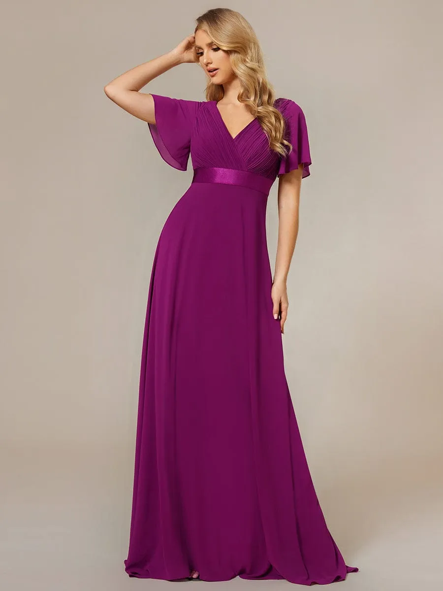 Monica | Long Chiffon Empire Waist Bridesmaid Dress with Short Flutter Sleeves