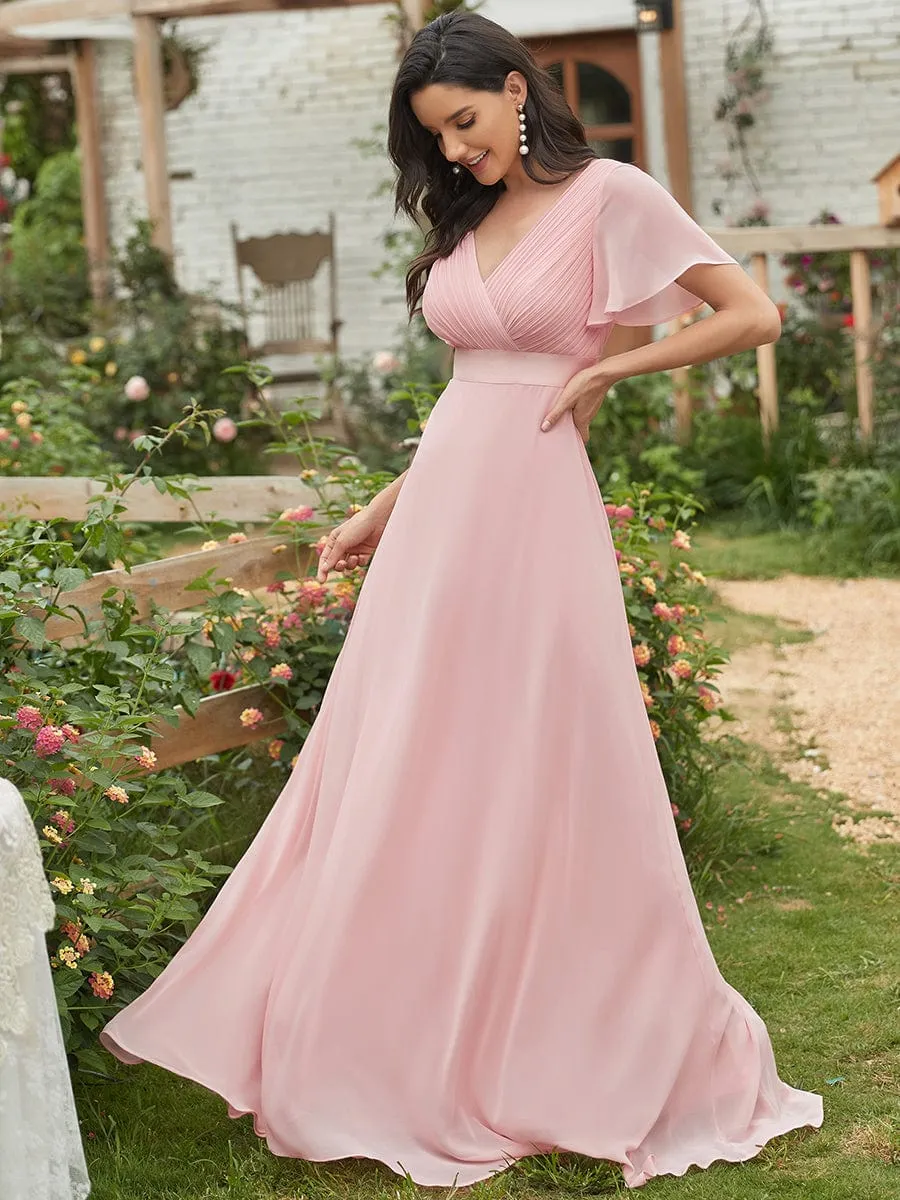 Monica | Long Chiffon Empire Waist Bridesmaid Dress with Short Flutter Sleeves