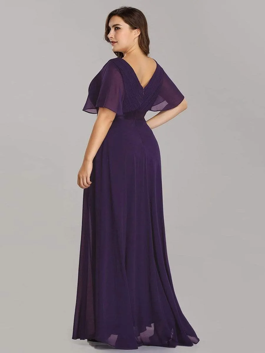 Monica | Long Chiffon Empire Waist Bridesmaid Dress with Short Flutter Sleeves