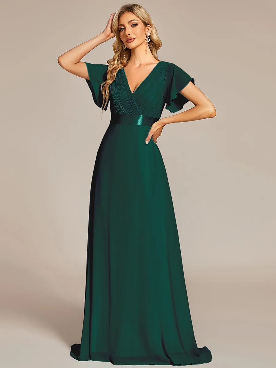 Monica | Long Chiffon Empire Waist Bridesmaid Dress with Short Flutter Sleeves