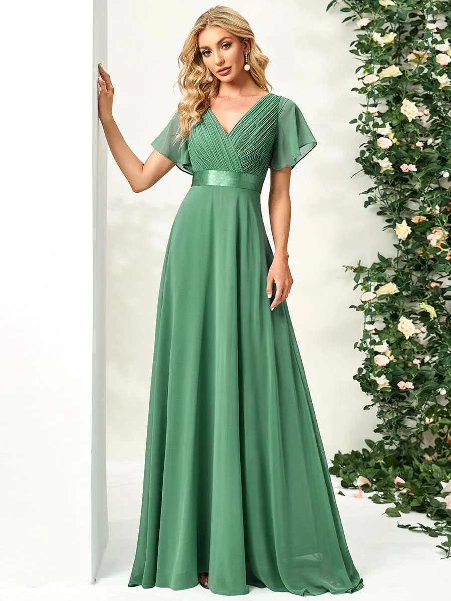 Monica | Long Chiffon Empire Waist Bridesmaid Dress with Short Flutter Sleeves