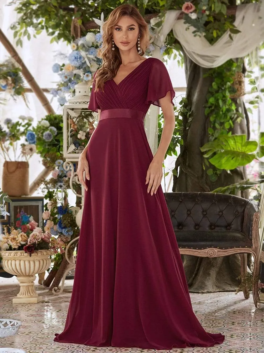 Monica | Long Chiffon Empire Waist Bridesmaid Dress with Short Flutter Sleeves