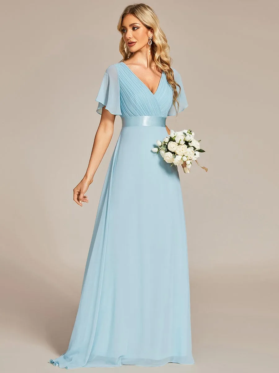 Monica | Long Chiffon Empire Waist Bridesmaid Dress with Short Flutter Sleeves