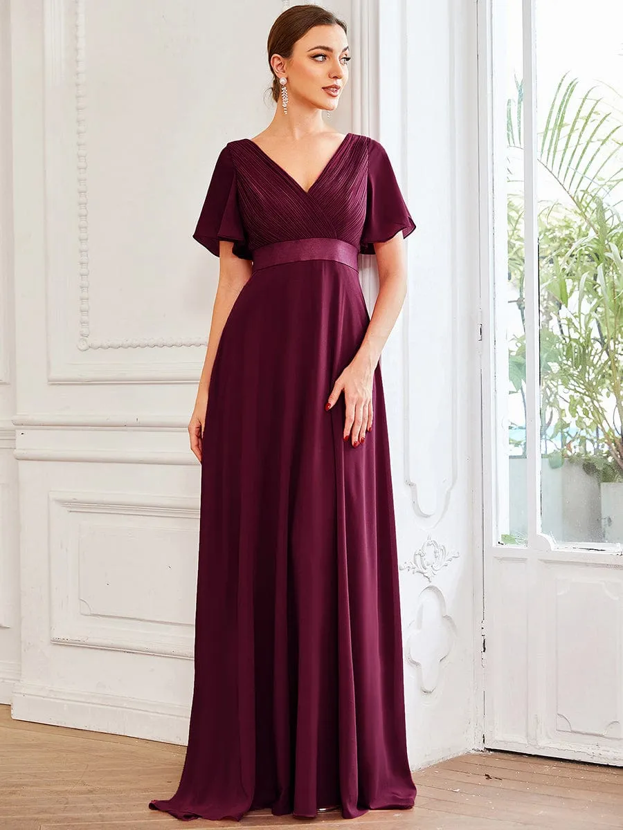 Monica | Long Chiffon Empire Waist Bridesmaid Dress with Short Flutter Sleeves