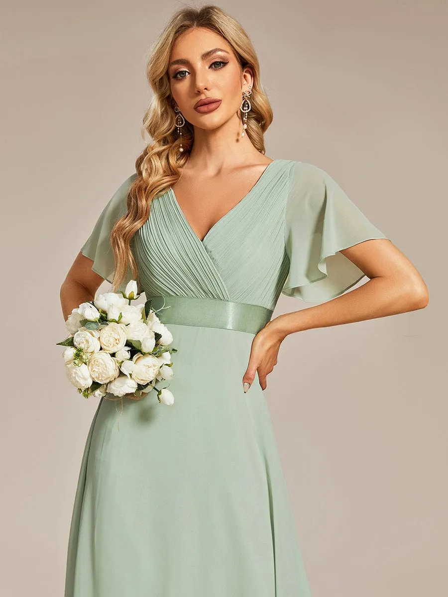 Monica | Long Chiffon Empire Waist Bridesmaid Dress with Short Flutter Sleeves