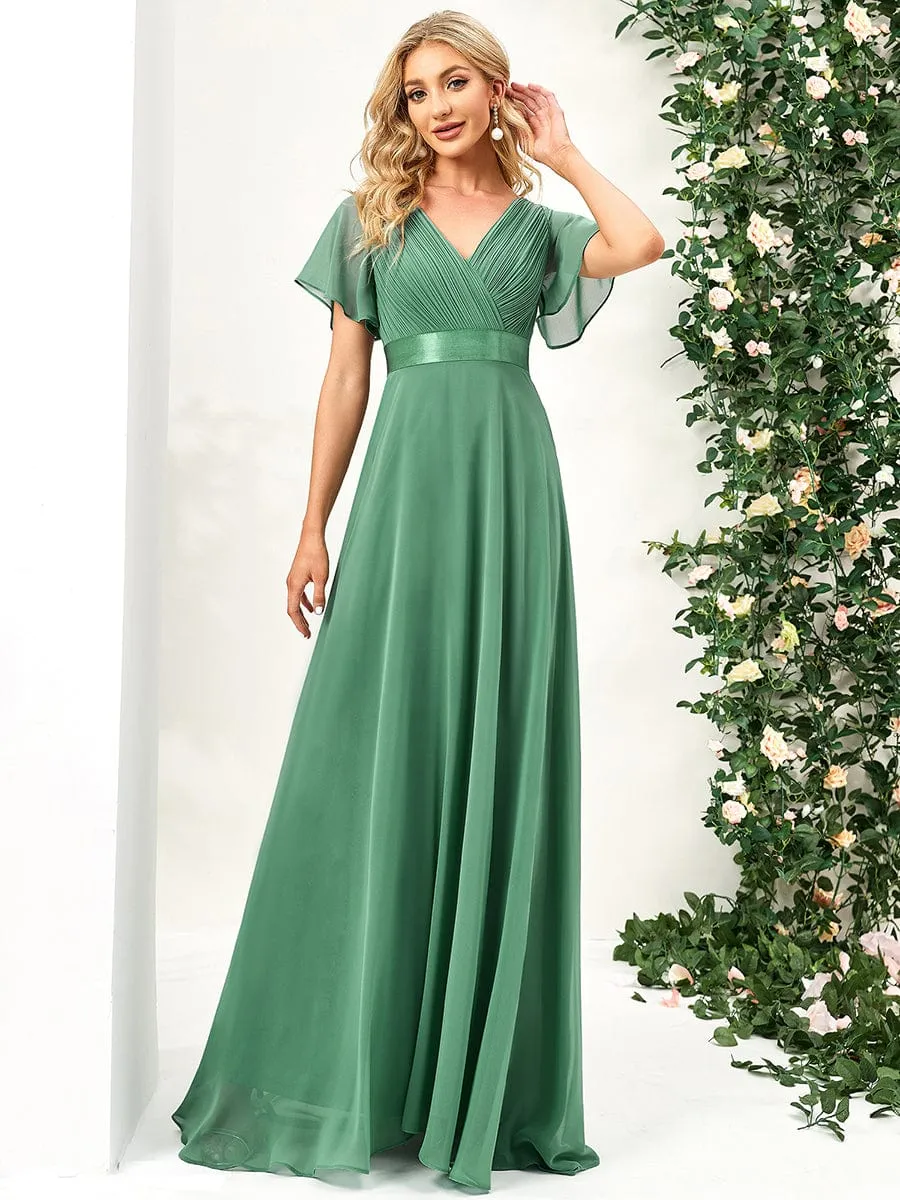 Monica | Long Chiffon Empire Waist Bridesmaid Dress with Short Flutter Sleeves