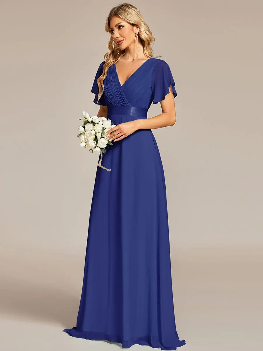 Monica | Long Chiffon Empire Waist Bridesmaid Dress with Short Flutter Sleeves