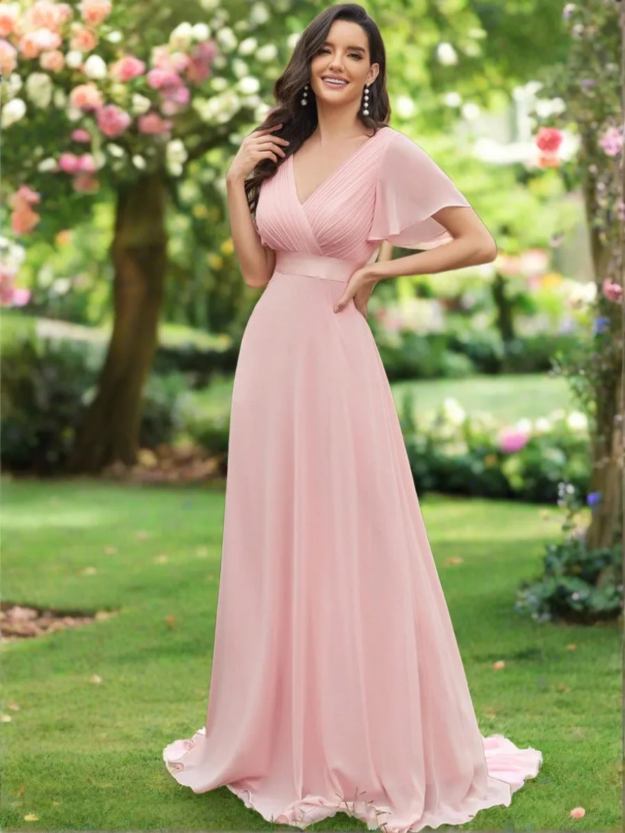 Monica | Long Chiffon Empire Waist Bridesmaid Dress with Short Flutter Sleeves