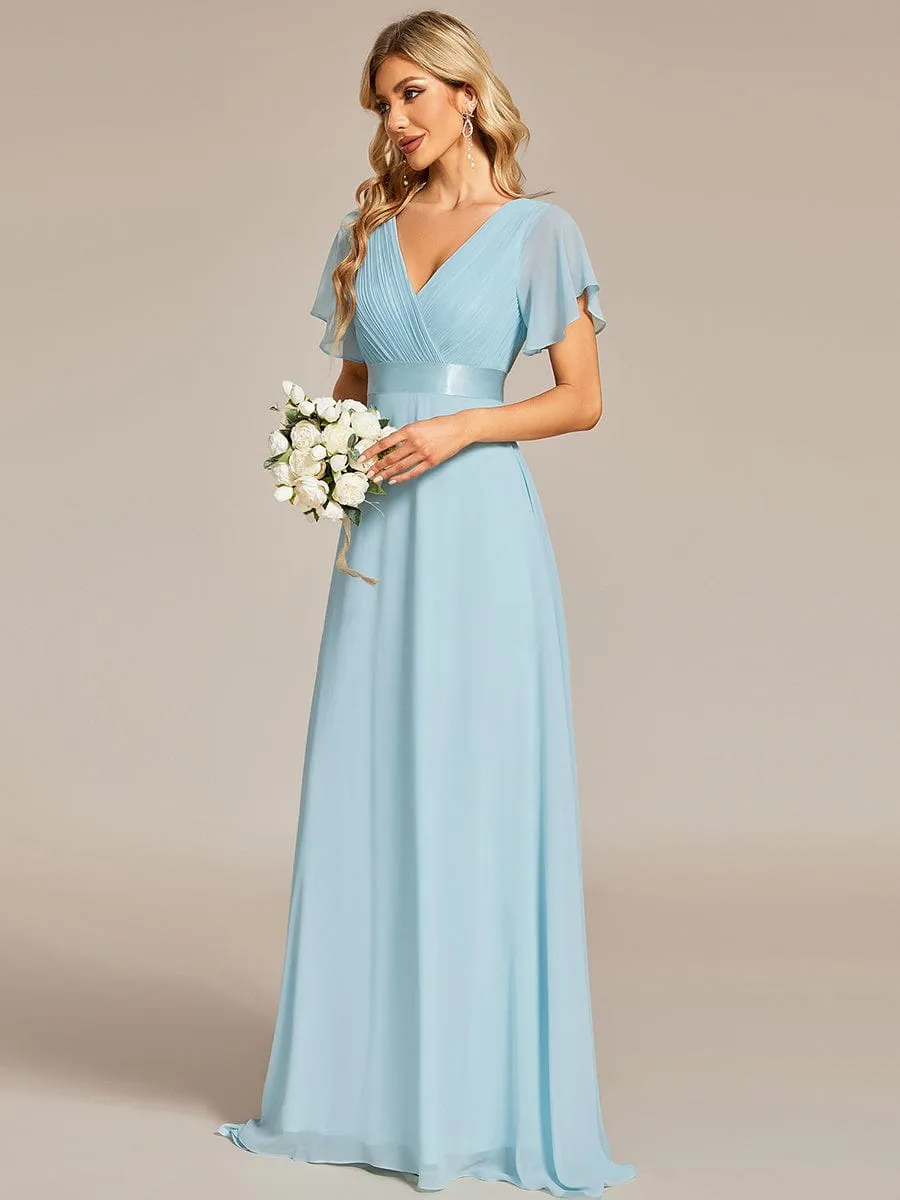 Monica | Long Chiffon Empire Waist Bridesmaid Dress with Short Flutter Sleeves