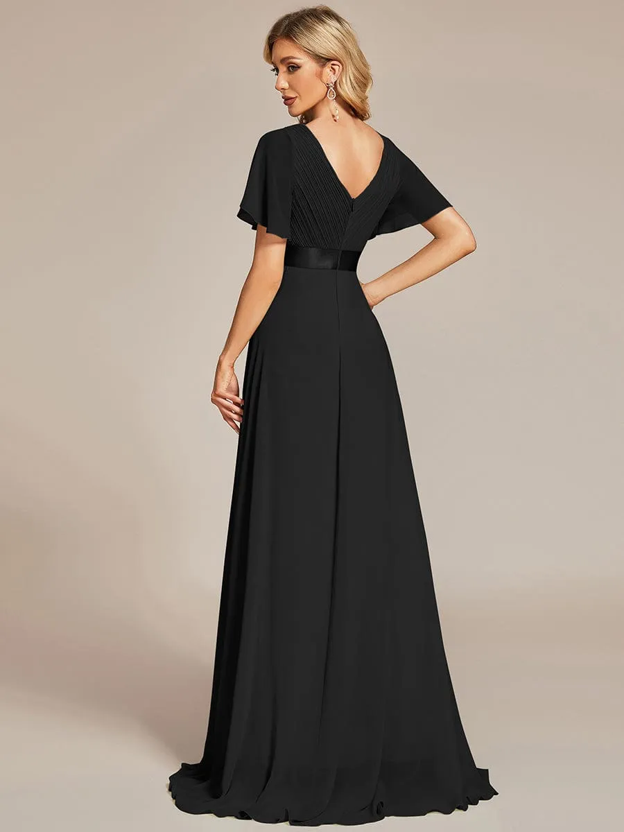 Monica | Long Chiffon Empire Waist Bridesmaid Dress with Short Flutter Sleeves