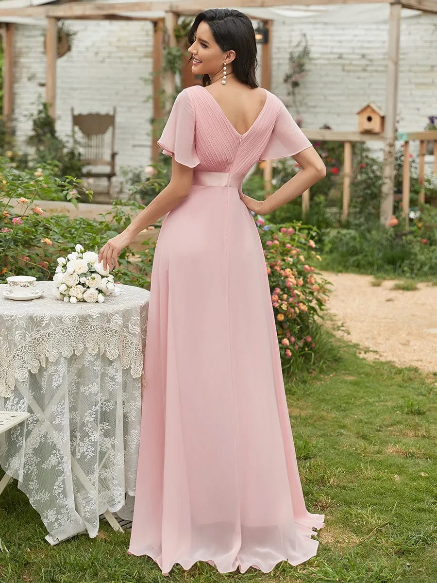 Monica | Long Chiffon Empire Waist Bridesmaid Dress with Short Flutter Sleeves