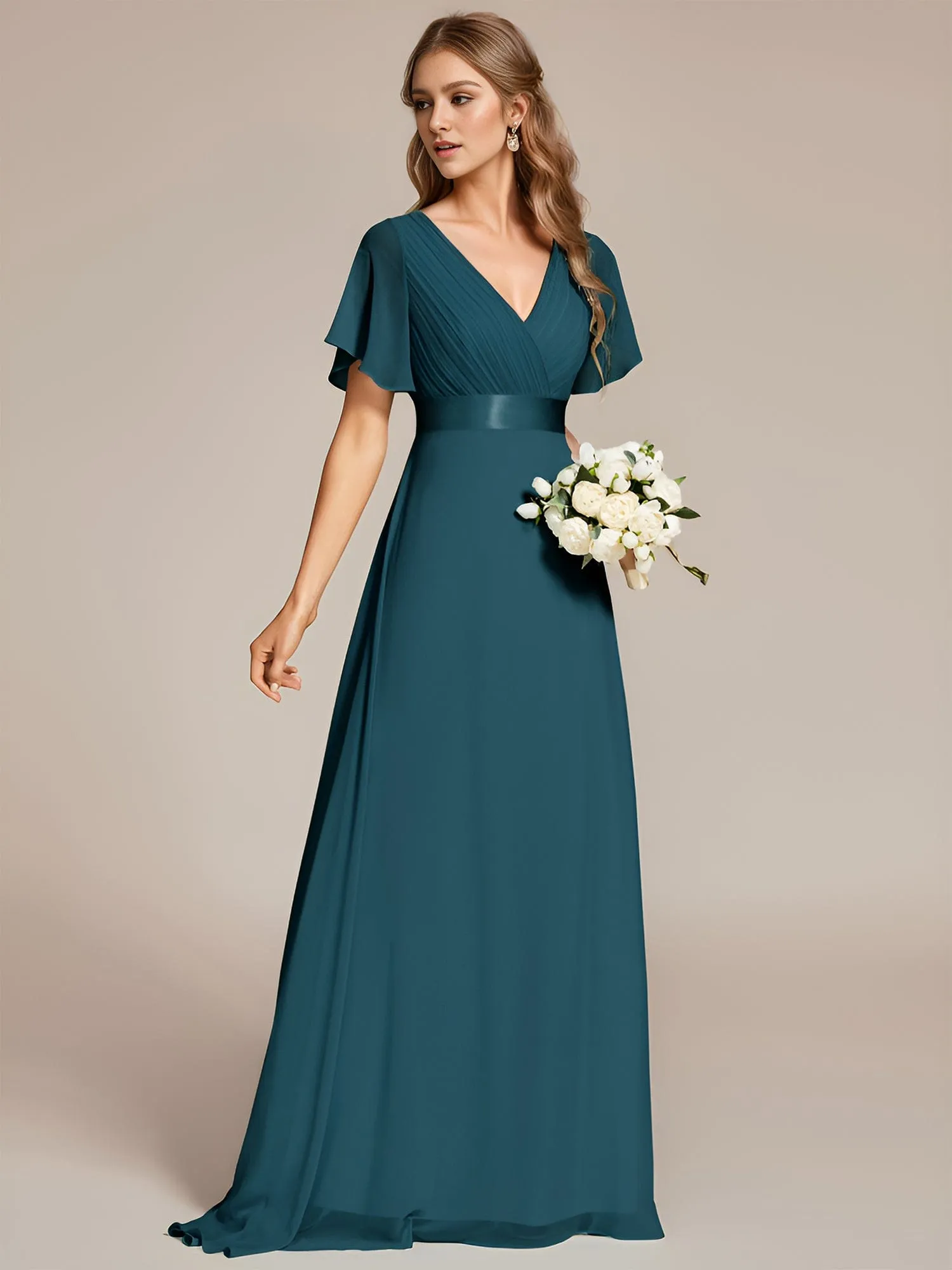 Monica | Long Chiffon Empire Waist Bridesmaid Dress with Short Flutter Sleeves