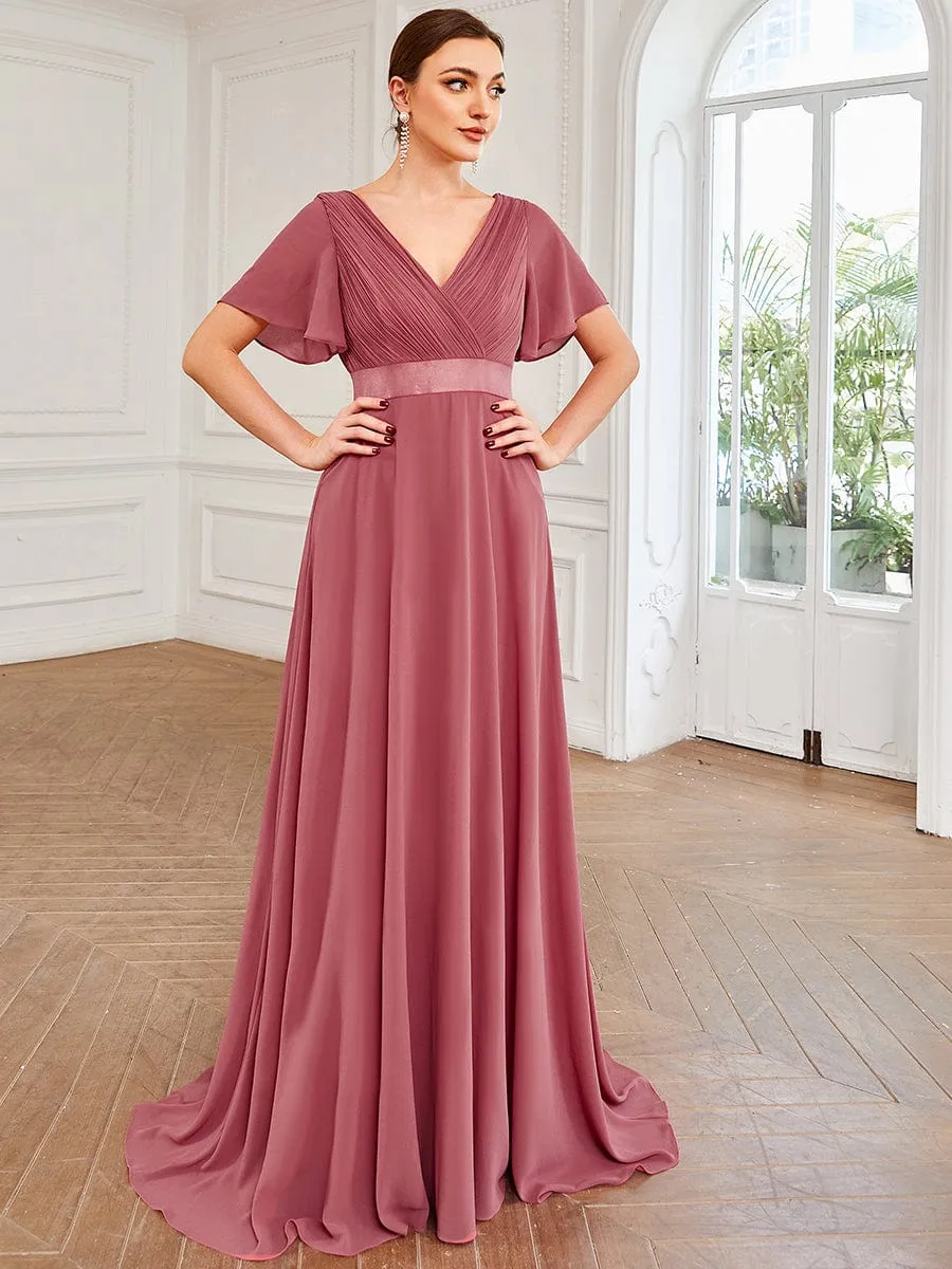 Monica | Long Chiffon Empire Waist Bridesmaid Dress with Short Flutter Sleeves