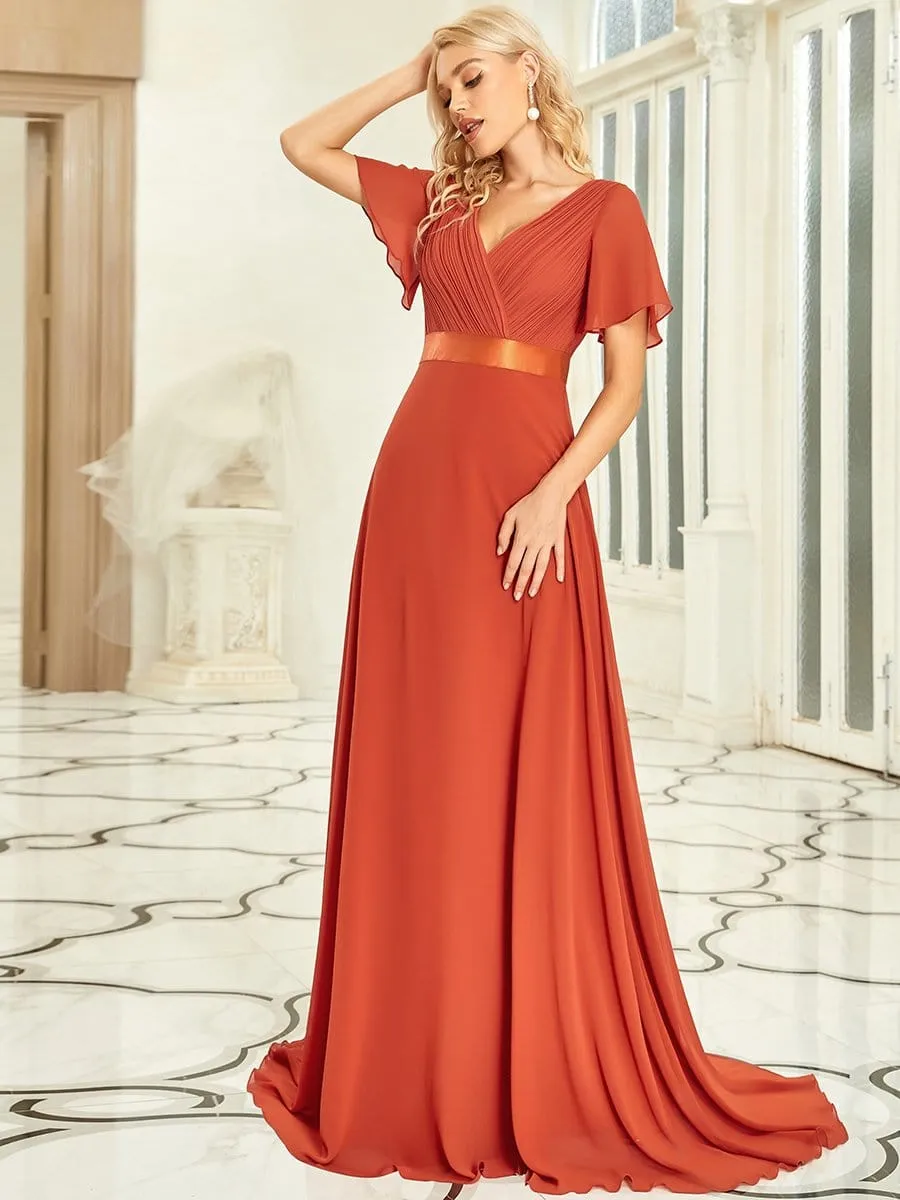 Monica | Long Chiffon Empire Waist Bridesmaid Dress with Short Flutter Sleeves