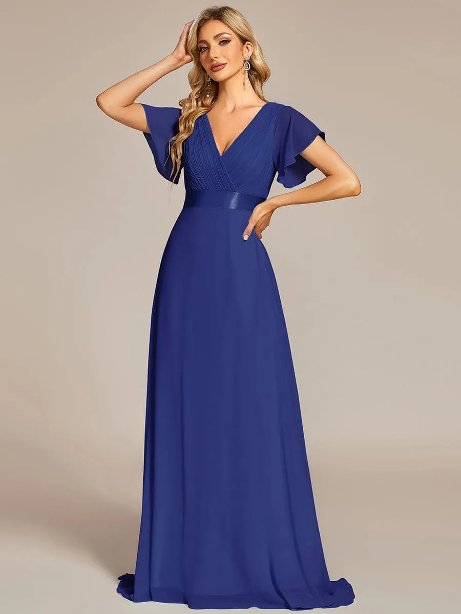 Monica | Long Chiffon Empire Waist Bridesmaid Dress with Short Flutter Sleeves