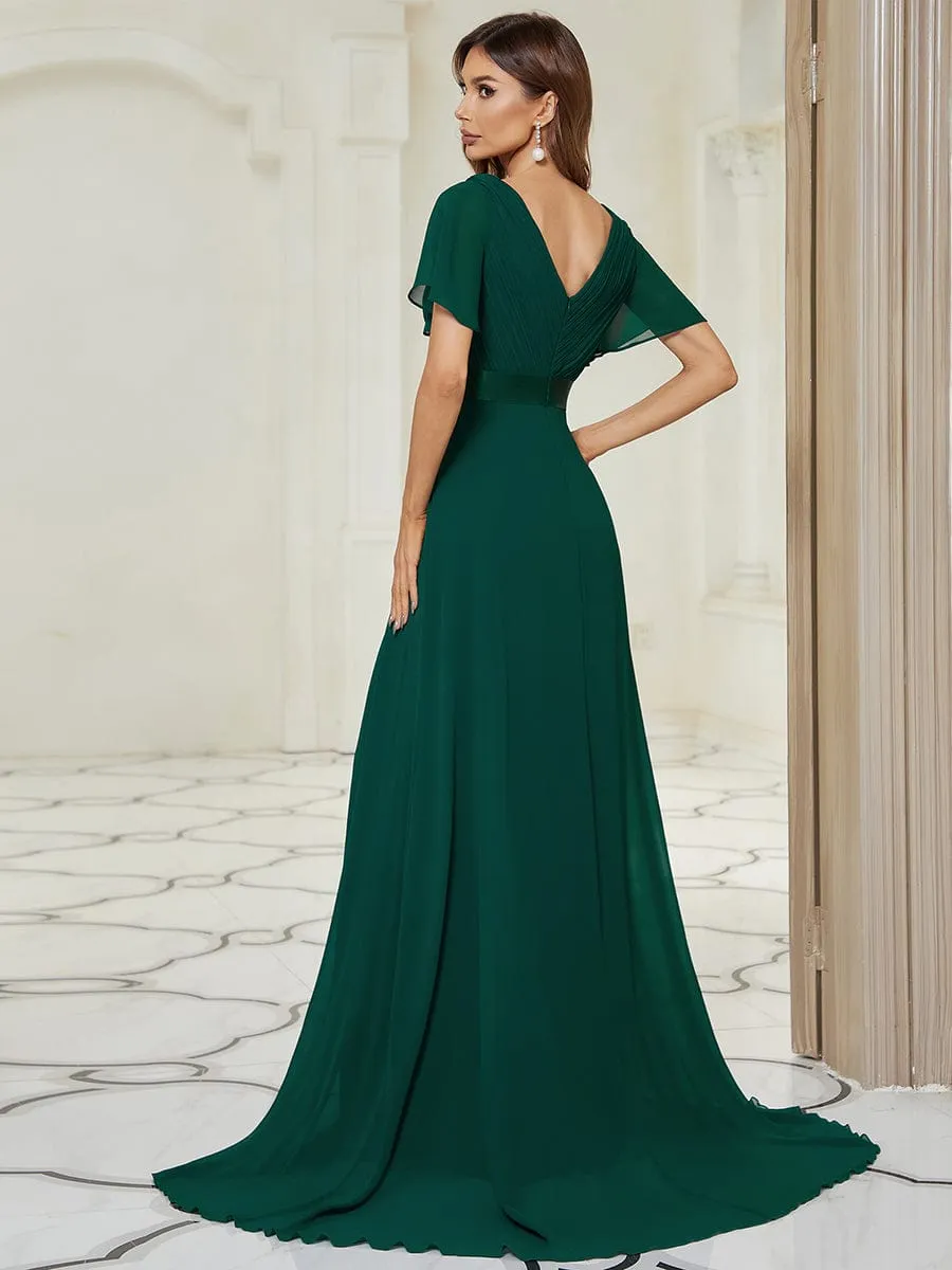 Monica | Long Chiffon Empire Waist Bridesmaid Dress with Short Flutter Sleeves