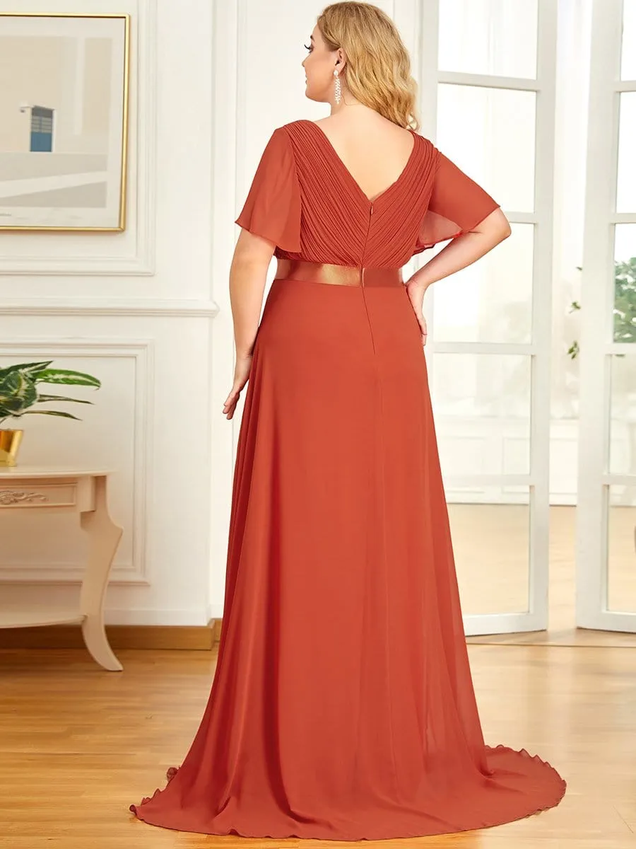 Monica | Long Chiffon Empire Waist Bridesmaid Dress with Short Flutter Sleeves