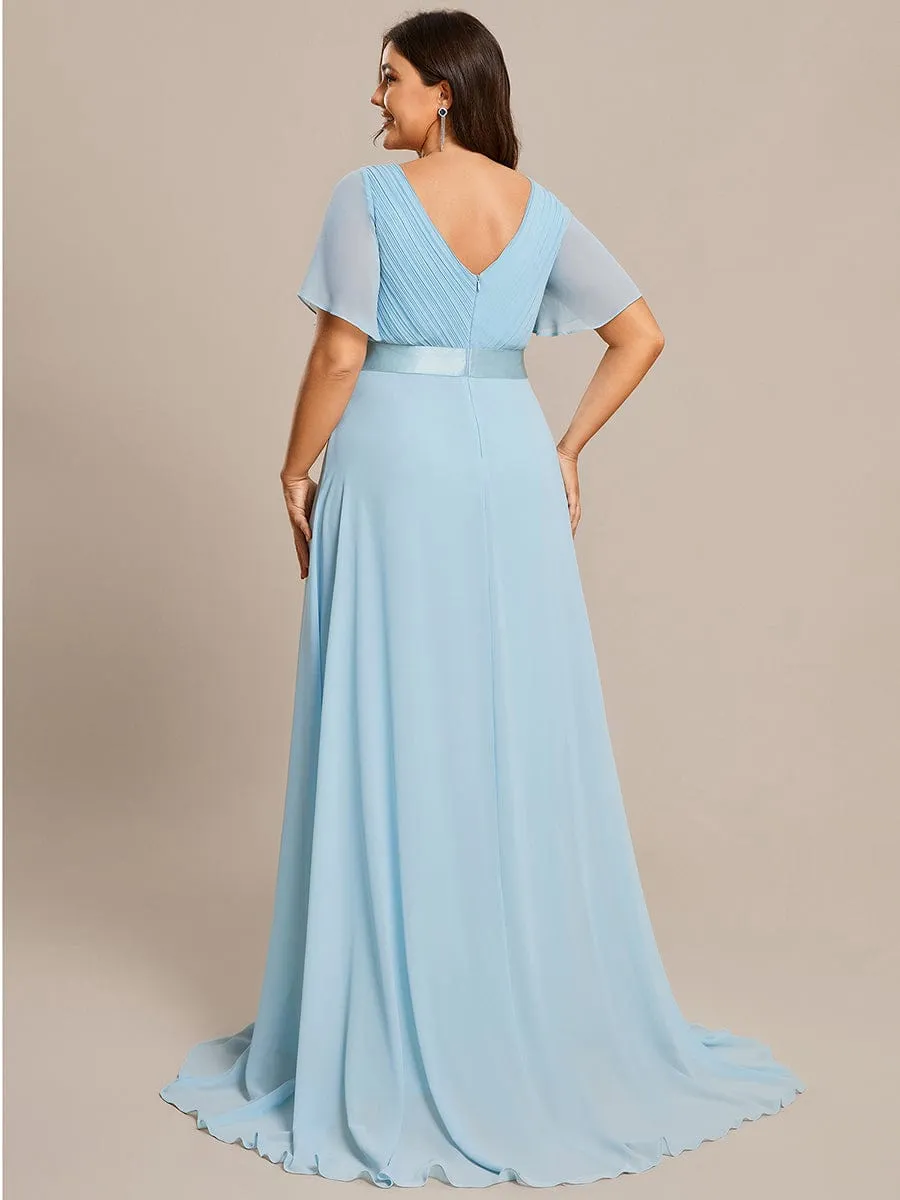 Monica | Long Chiffon Empire Waist Bridesmaid Dress with Short Flutter Sleeves