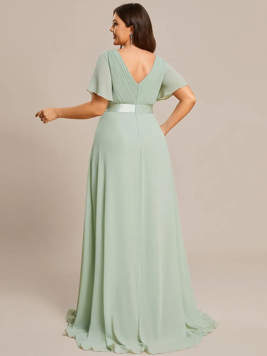 Monica | Long Chiffon Empire Waist Bridesmaid Dress with Short Flutter Sleeves