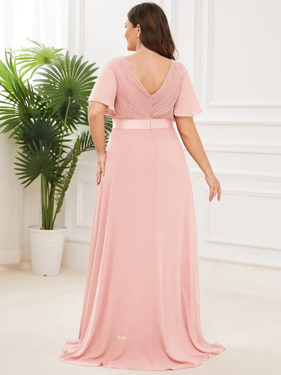 Monica | Long Chiffon Empire Waist Bridesmaid Dress with Short Flutter Sleeves