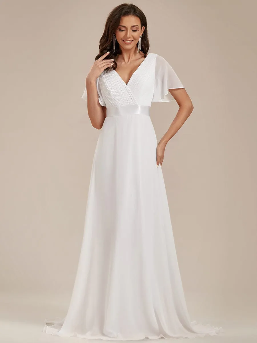 Monica | Long Chiffon Empire Waist Bridesmaid Dress with Short Flutter Sleeves