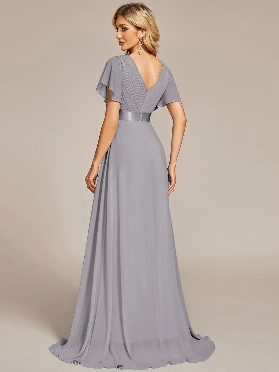 Monica | Long Chiffon Empire Waist Bridesmaid Dress with Short Flutter Sleeves