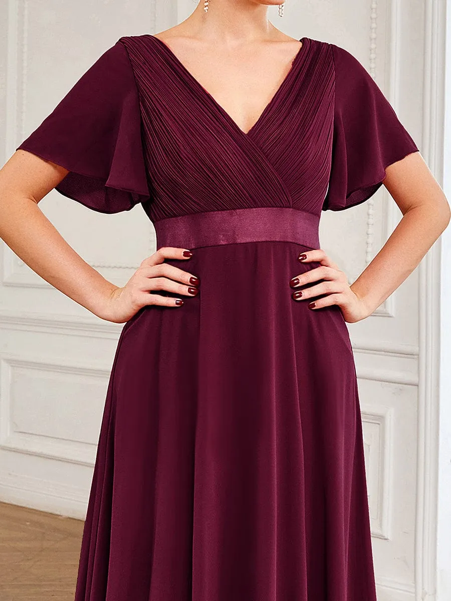 Monica | Long Chiffon Empire Waist Bridesmaid Dress with Short Flutter Sleeves