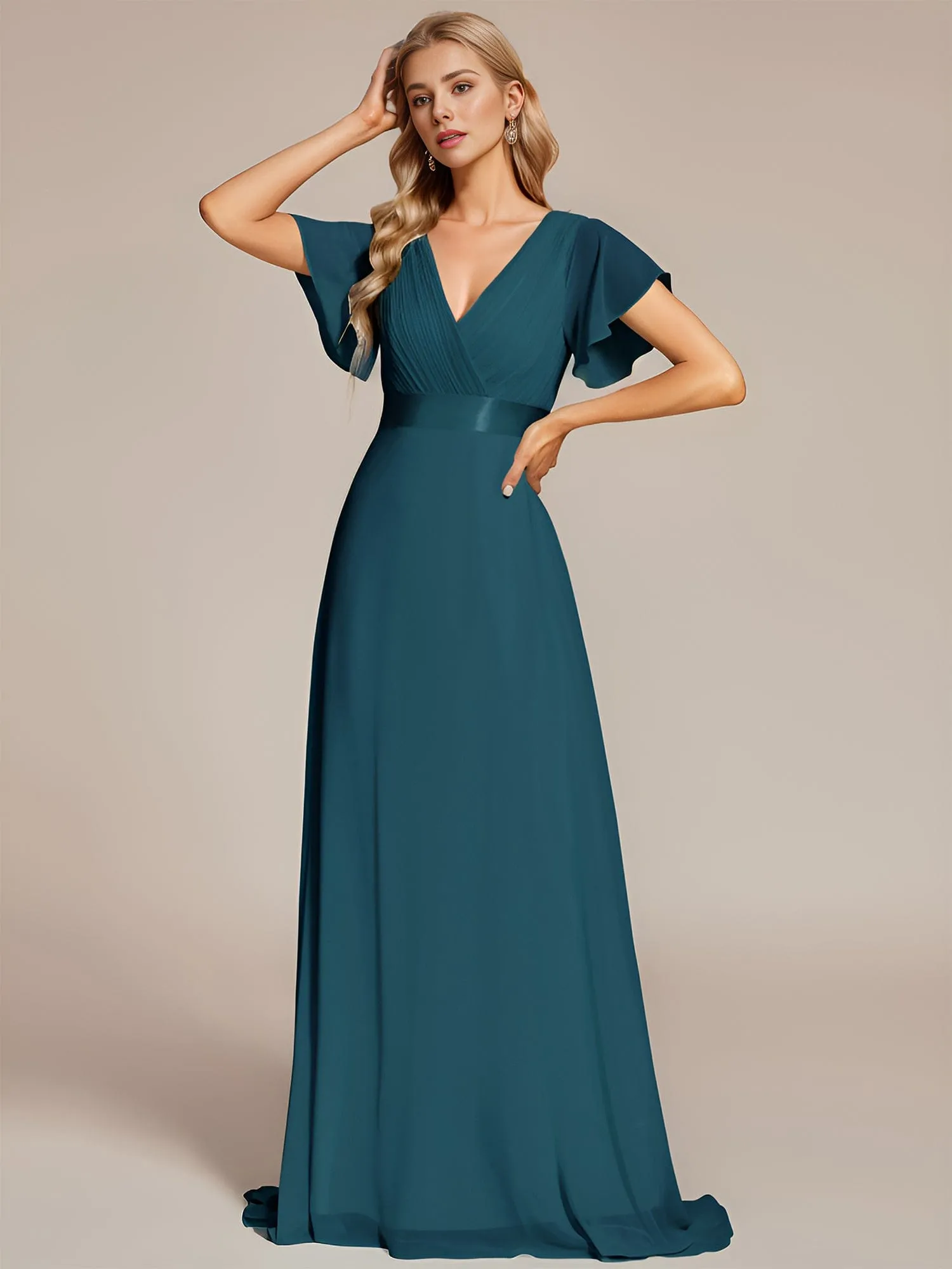 Monica | Long Chiffon Empire Waist Bridesmaid Dress with Short Flutter Sleeves